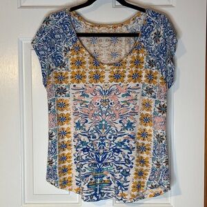 Lucky Brand Blue and Yellow Floral Short Sleeve Top